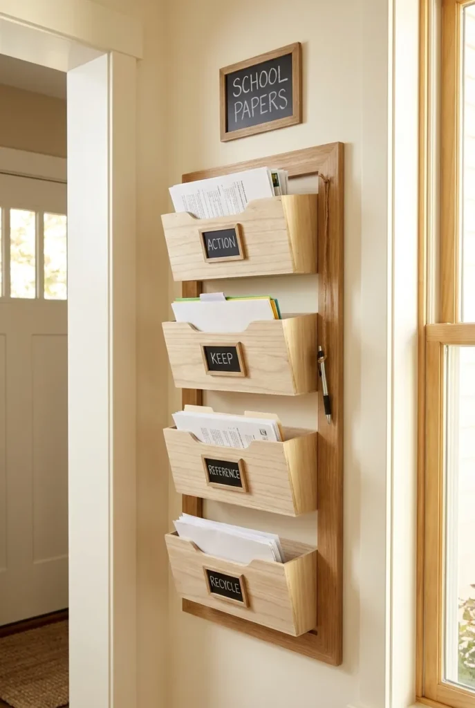 School paper station with four labeled trays for sorting backpack papers