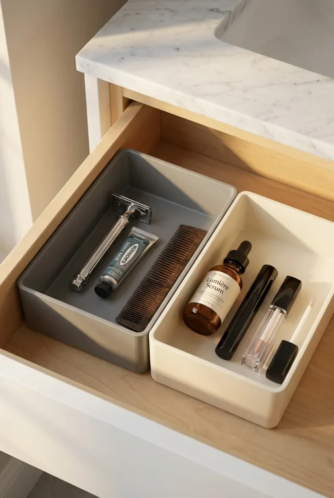 Shared toiletry organization ideas for his and hers bathroom, one vanity drawer split into two independent zones
