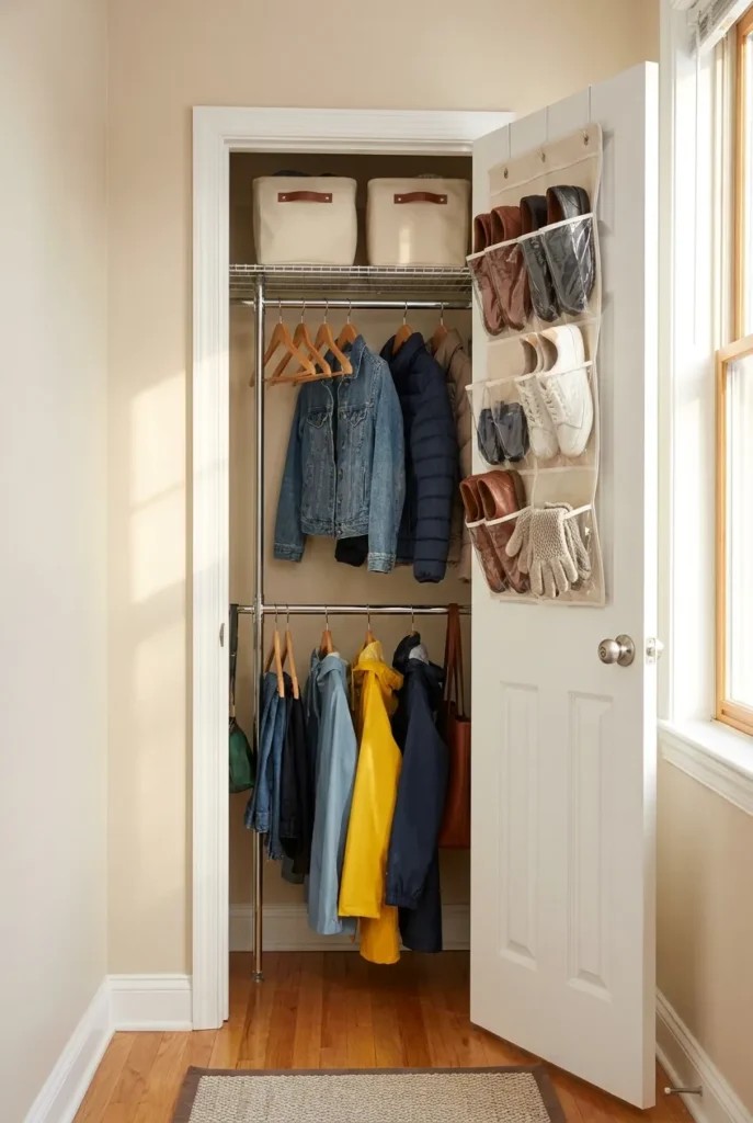 Small coat closet organization using vertical space and an over-the-door rack