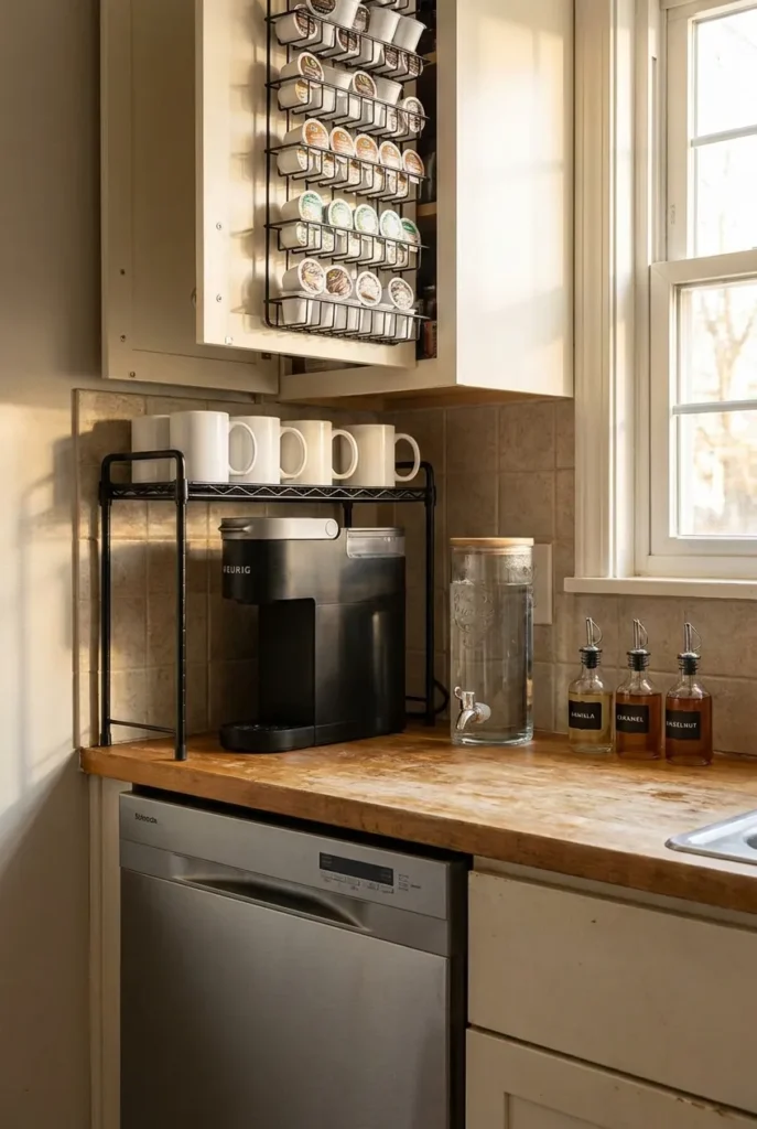 Small coffee station organization in narrow 24 inch kitchen counter with vertical mug shelf