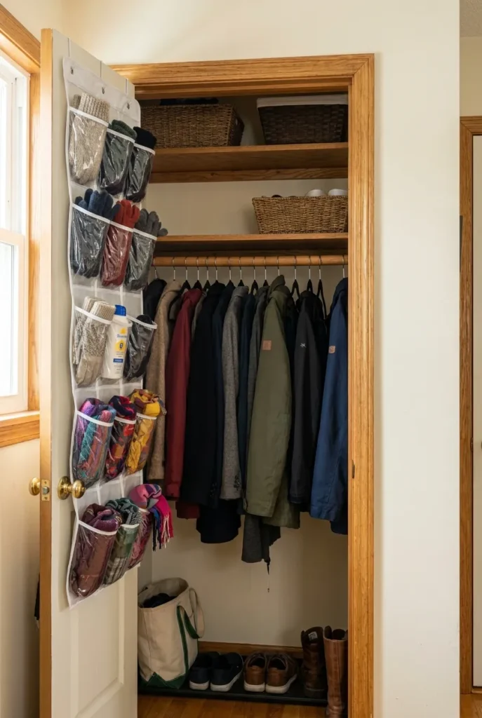 Small hallway closet organization with raised shelves, slim velvet hangers and over the door clear pocket organizer.