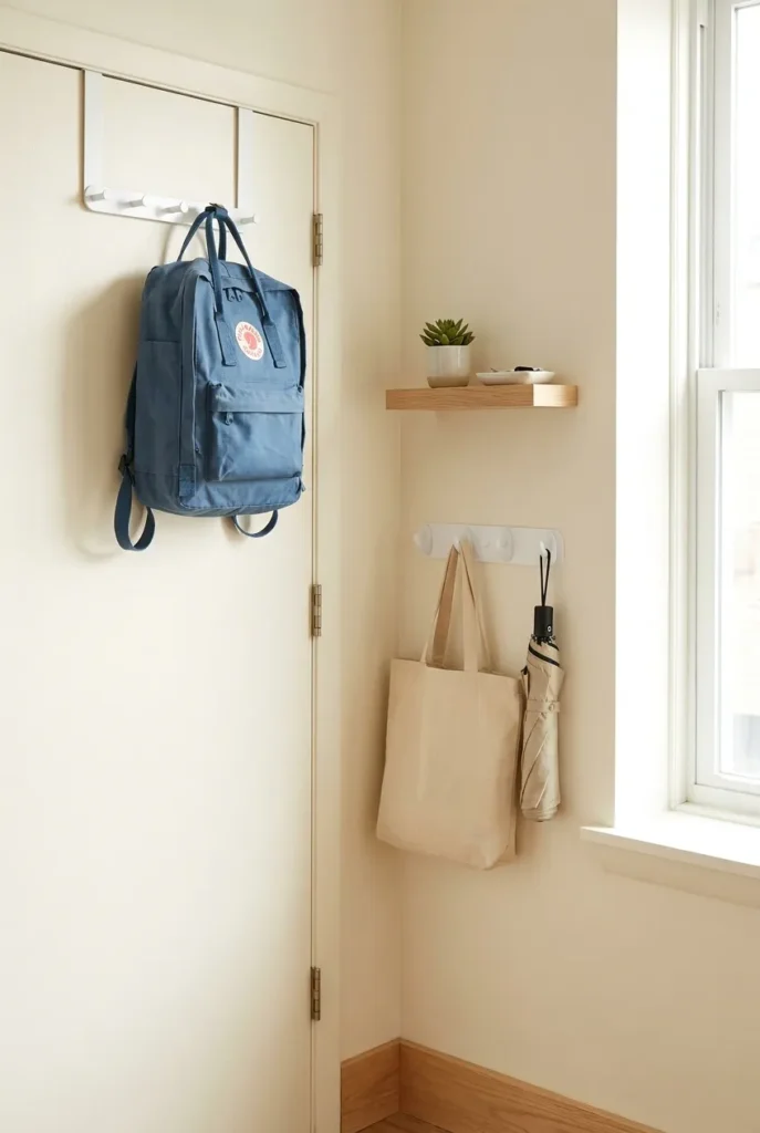 Small space backpack station using over-the-door and peel-and-stick hooks in an apartment