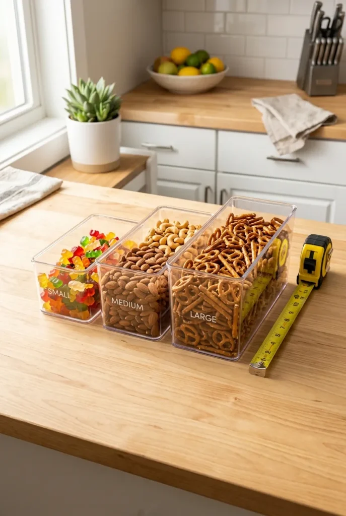 Snack drawer containers compared by size with a tape measure on a kitchen counter