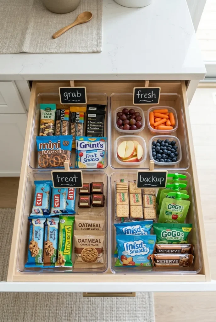 The 4-Zone snack drawer organization rule with grab, fresh, treat, and backup labels