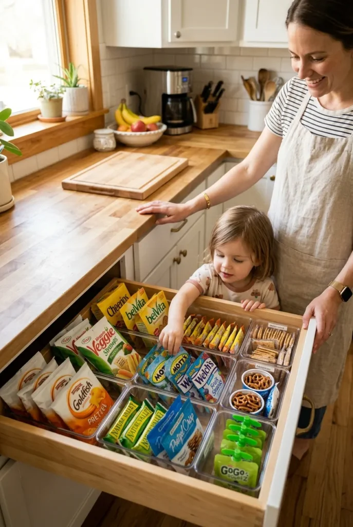 Snack drawer organization with clear bins sorted by zone in a sunny kitchen