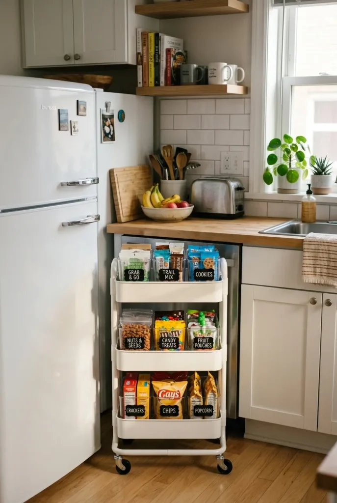 Snack drawer organization without a pantry using a rolling cart snack station