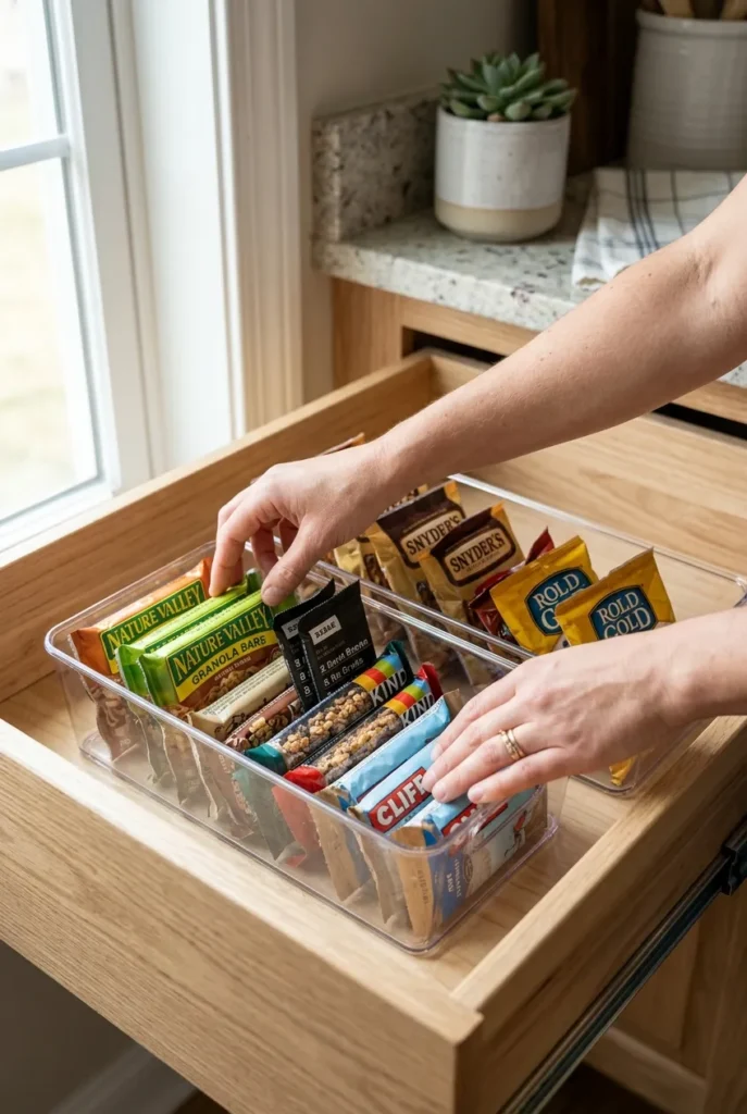 Clear snack drawer organizer with lids and low bins sorting granola bars upright
