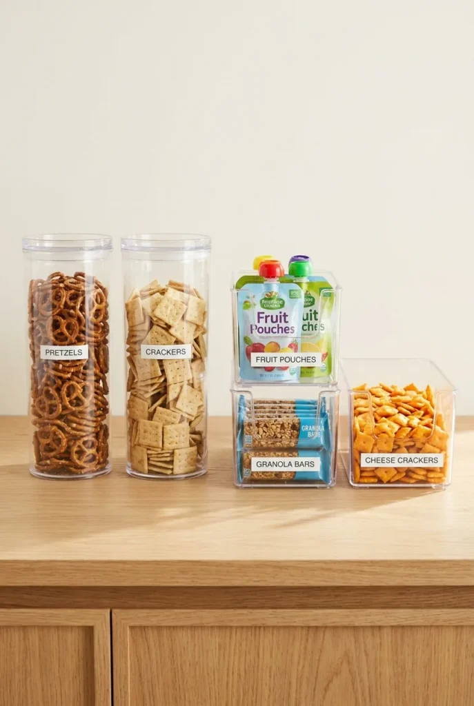 Clear labeled bins for snack station organization sized for small hands