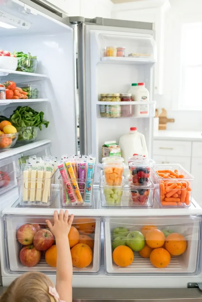 Fridge snack station organization with pre-portioned cold snacks kids can reach