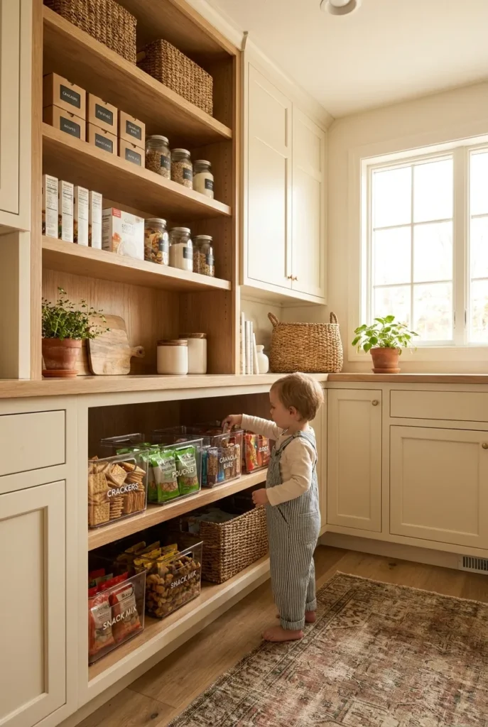 Pantry snack station organization with reach-zone bins below and backup stock above