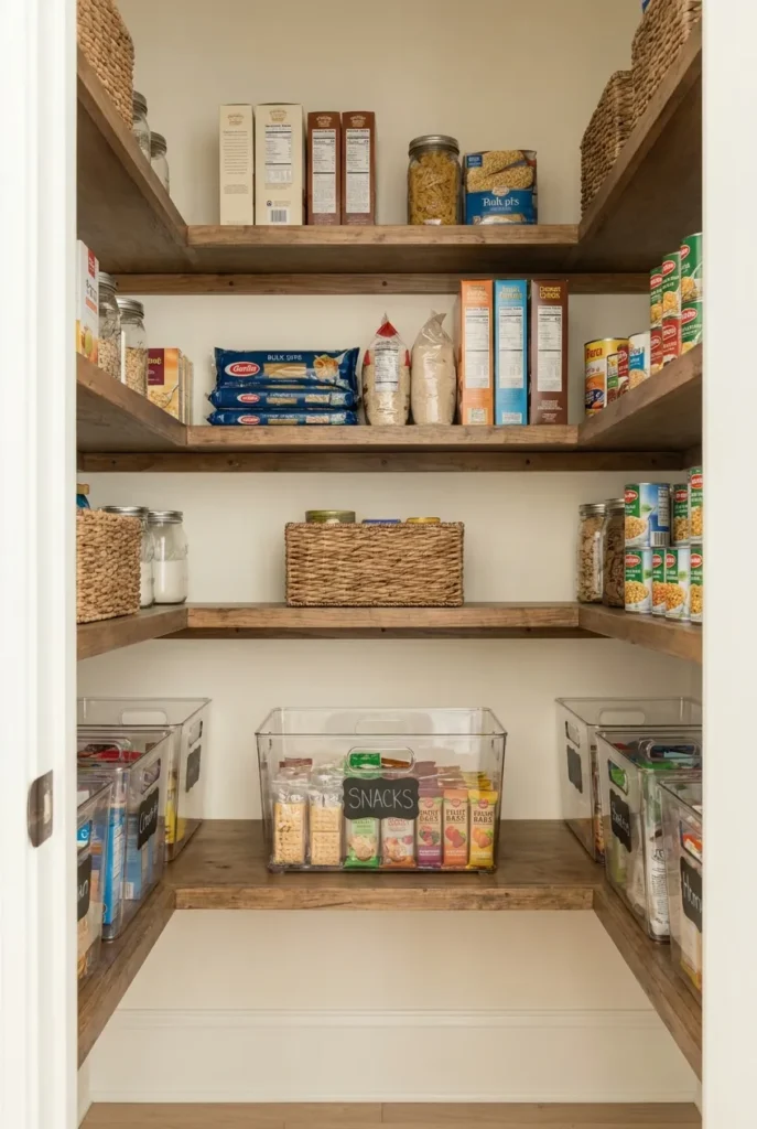 Snack station organization showing kid-reach zone below and stockroom shelf above