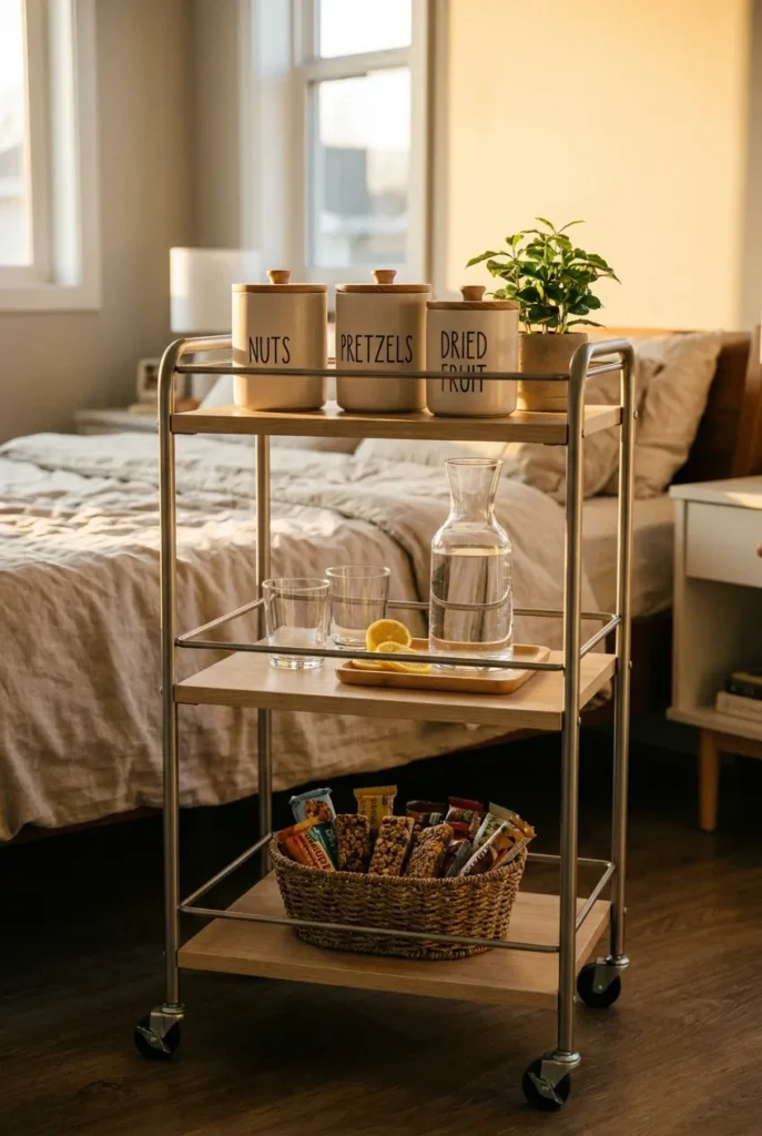 Snack station organization on a rolling cart for a bedroom or movie night setup
