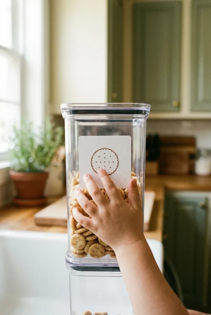 Visual snack station organization labels a non-reader can use to self-serve