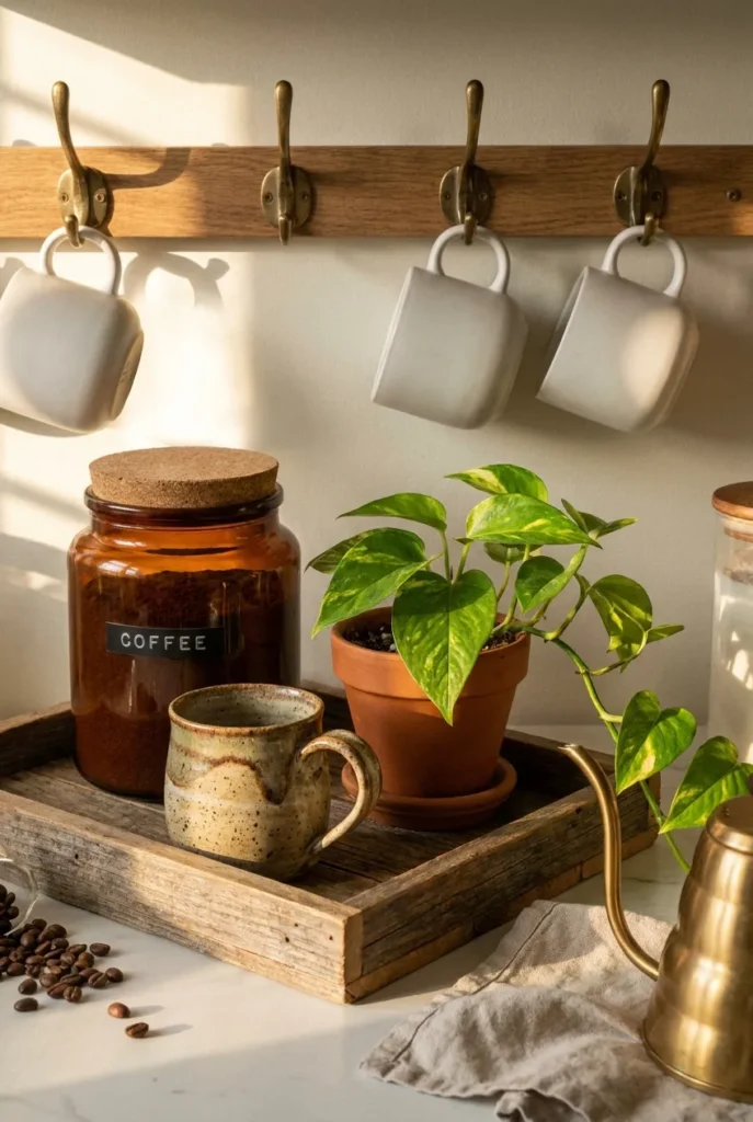 Styled coffee station with brass hardware amber canister pothos plant and vintage ceramic mug