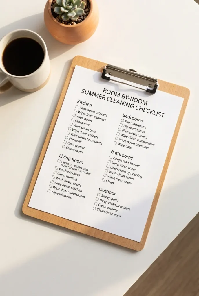 Summer cleaning checklist room by room on wood clipboard with morning coffee on white kitchen island