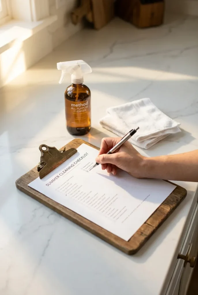 Summer cleaning schedule daily checklist written on wood clipboard on marble counter in morning light