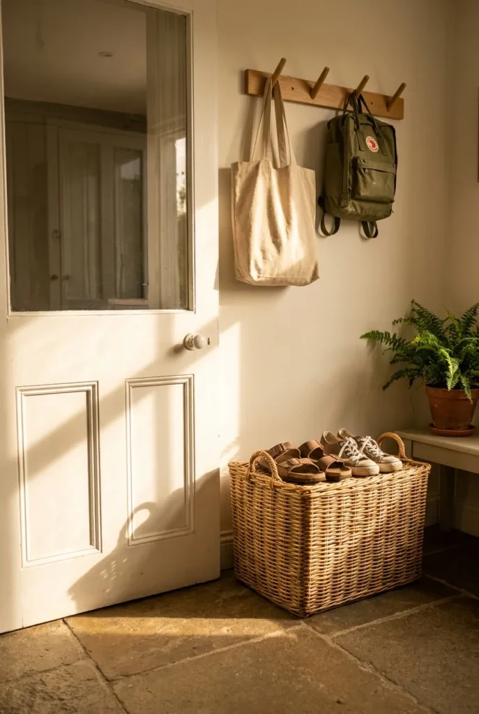 Summer cleaning schedule entryway with wicker shoe basket and peg hooks in warm afternoon light