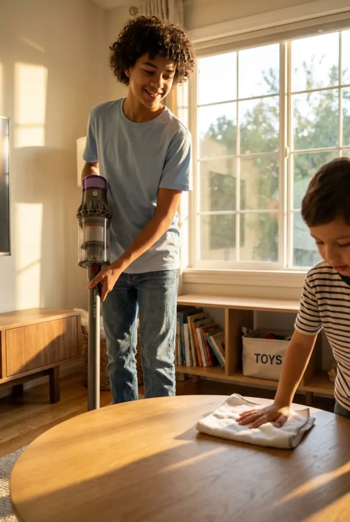 Summer cleaning schedule for kids and teens vacuuming and wiping coffee table together in a sunlit living room