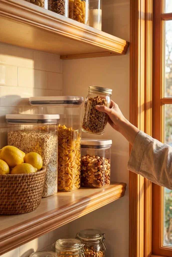 Summer cleaning schedule kitchen pantry with OXO POP canisters and fresh lemons on a warm sunlit shelf