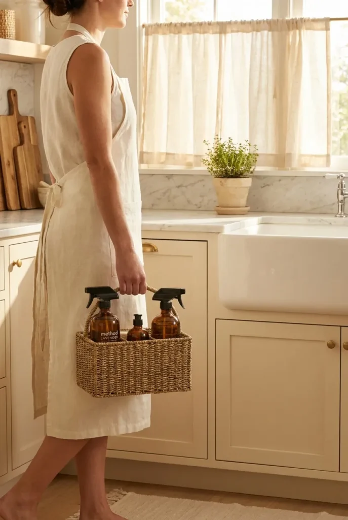 Summer cleaning schedule — woman carrying amber-bottle cleaning caddy through a sunlit white kitchen on a summer morning