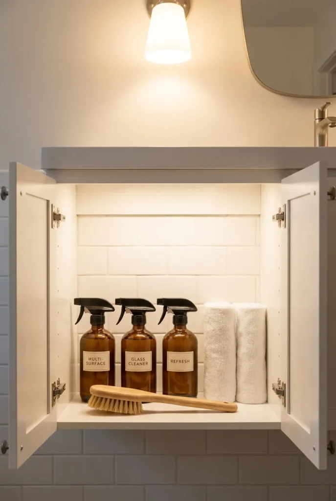 Summer cleaning tips bathroom cabinet styled with labeled amber spray bottles and microfiber cloths on white tile