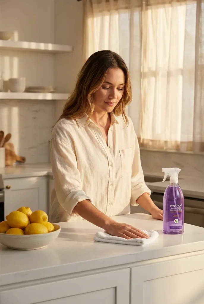 Summer house cleaning schedule weekly reset — woman wiping kitchen counter with Method spray in afternoon light