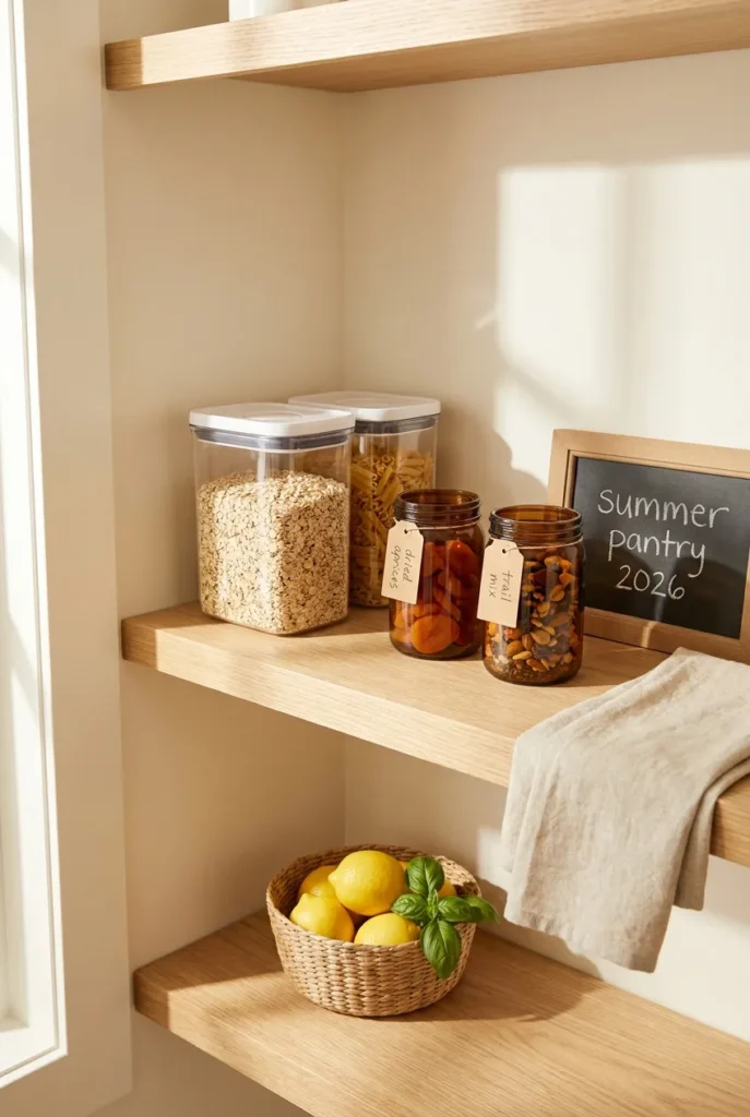 Summer pantry essentials in clear OXO POP jars on a sunlit oak shelf with lemons and basil.