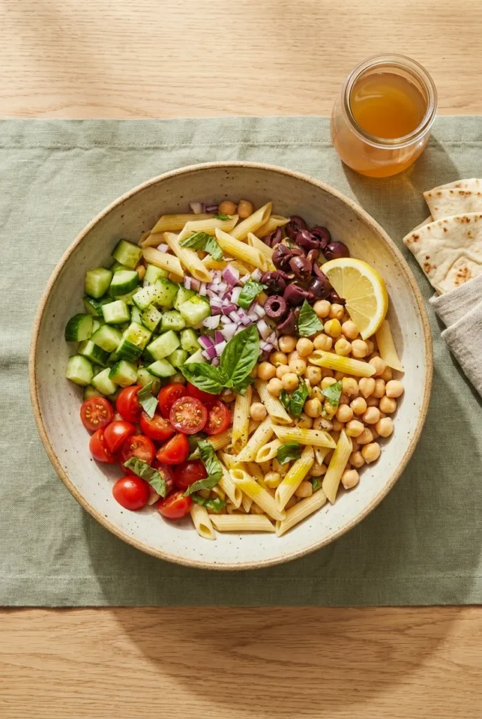 No-cook summer pantry meal of chickpea and penne salad with cucumber, tomato, and lemon.