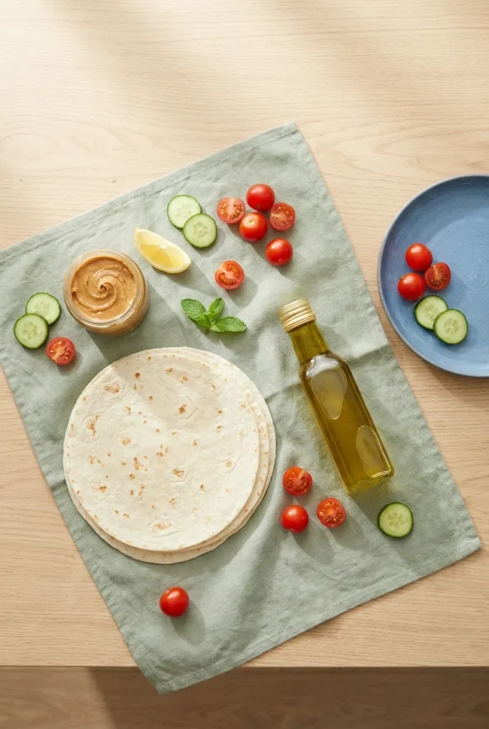 Shelf-stable tortillas, nut butter, olive oil, and fresh produce for summer pantry meals.