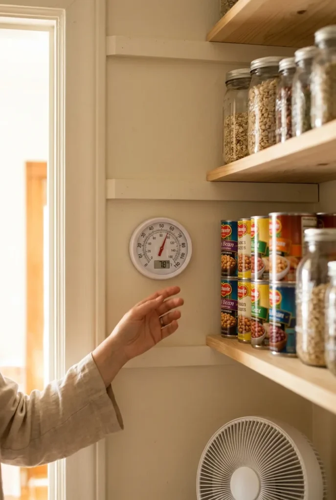 Pantry thermometer showing 78°F inside a cream summer pantry with fan and shelves.