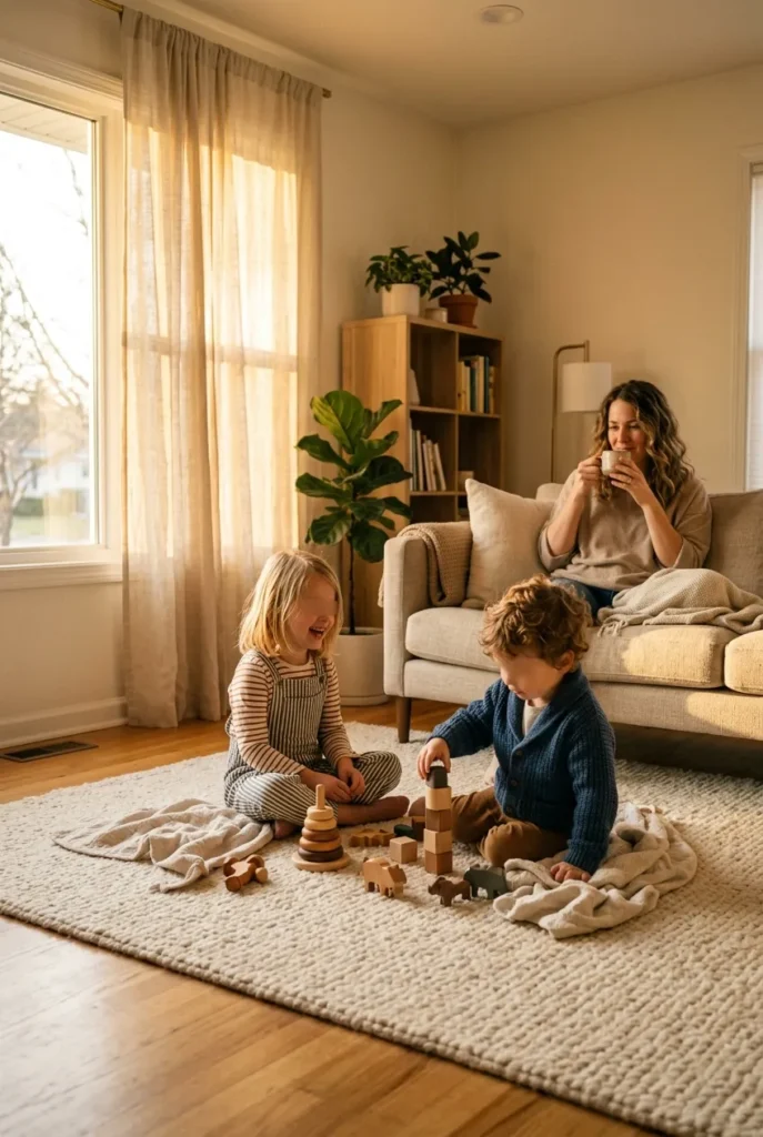 Family enjoying a calm summer afternoon with a streamlined toy rotation system in use