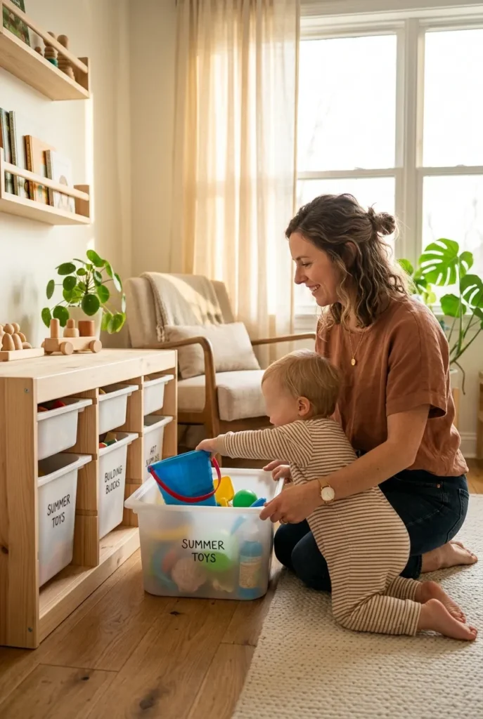 Mom setting up a summer toy rotation system on a low Trofast shelf in a sunlit playroom