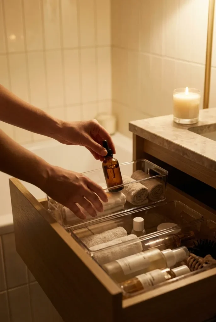 Sunday drawer reset for toiletry organization ideas bathroom vanity, straightening zones in a warm evening bathroom