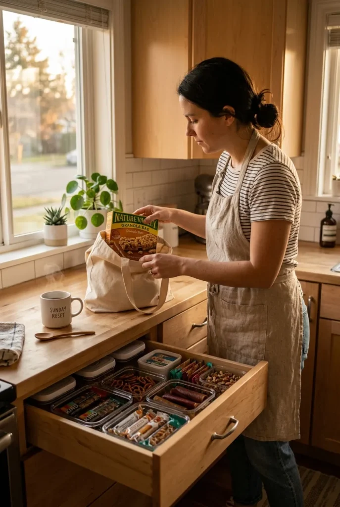 Sunday snack refill routine restocking an organized snack drawer to prevent waste