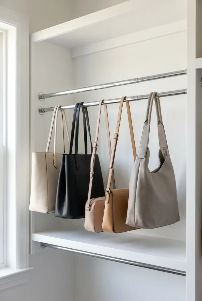 Tension rod purse storage inside a white closet with five handbags hanging by handles in neutral colors