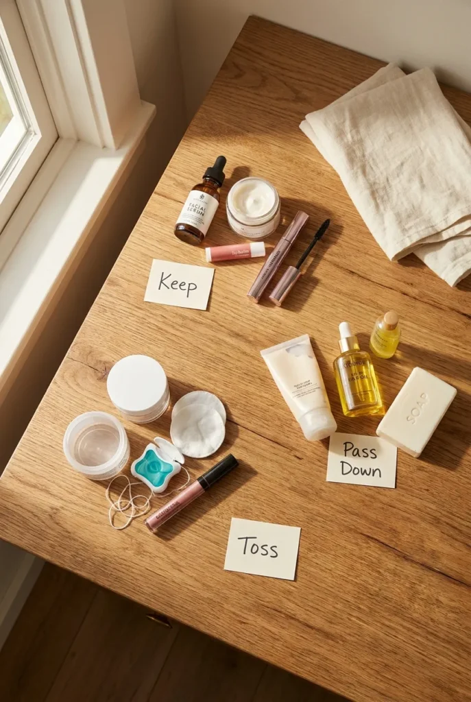 Toiletry organization ideas start with a 10-minute drawer purge, sorting products into keep, pass down, and toss piles
