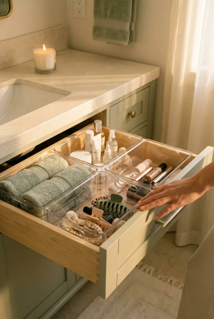 Toiletry organization ideas complete, a fully organized renter-friendly bathroom vanity drawer using the 4-Zone method