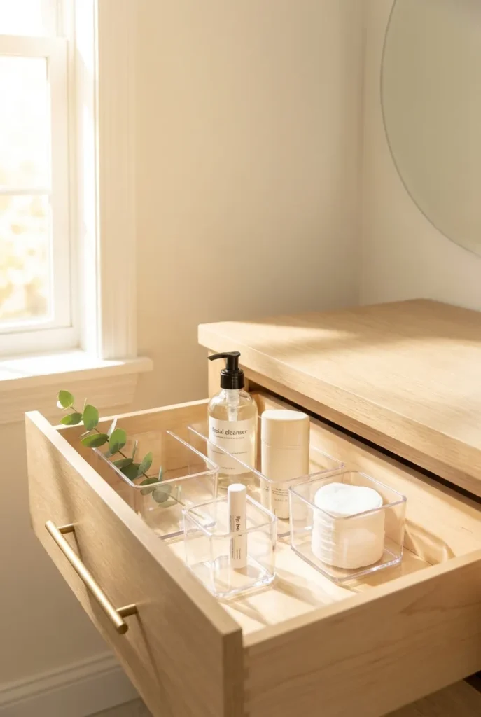 Toiletry organization ideas for bathroom vanity, a neatly organized drawer with acrylic bins in morning light
