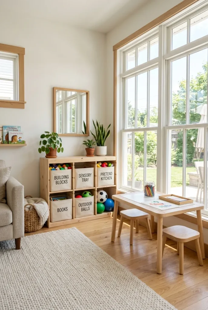 Family room with five toy rotation categories sorted into labeled bins on a cube shelf