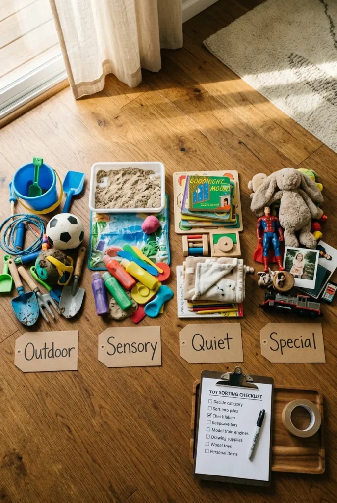 Toys mid-sort into four piles for a summer toy rotation system setup