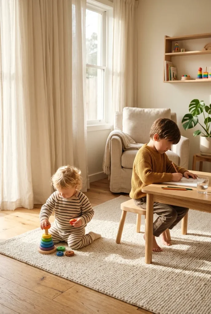 Toddler and older child playing with age-appropriate toys from a summer rotation system