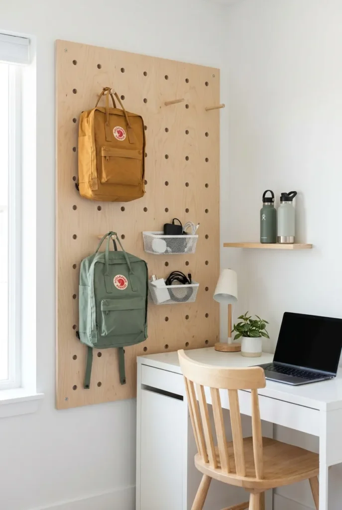 Vertical pegboard backpack storage idea for a small bedroom wall