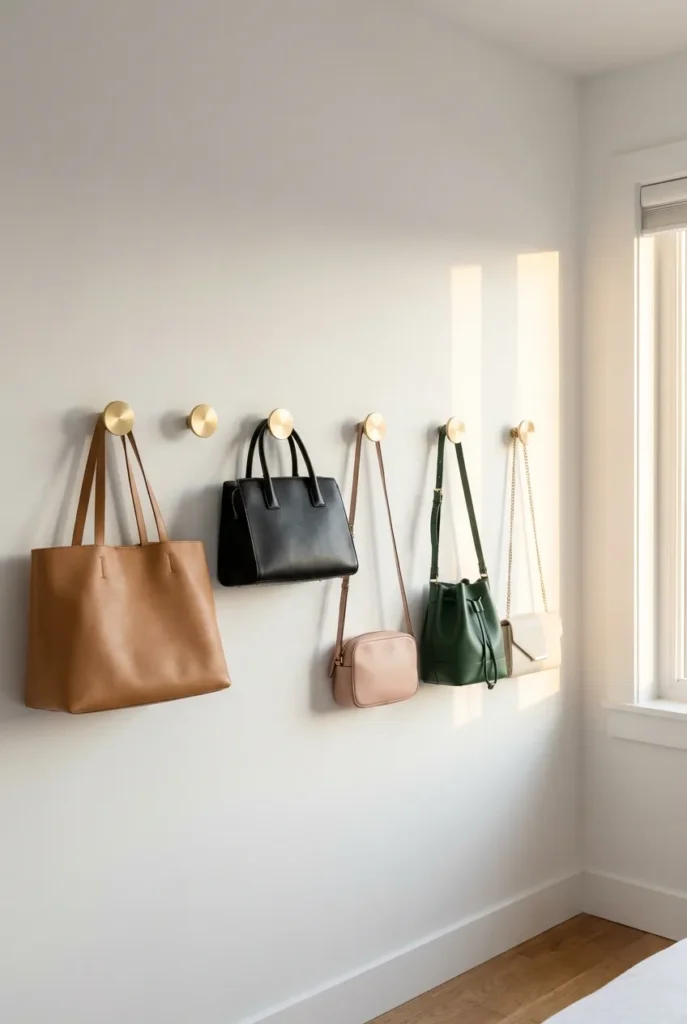 Wall hooks for purse storage ideas in white bedroom with six brass hooks holding five structured handbags