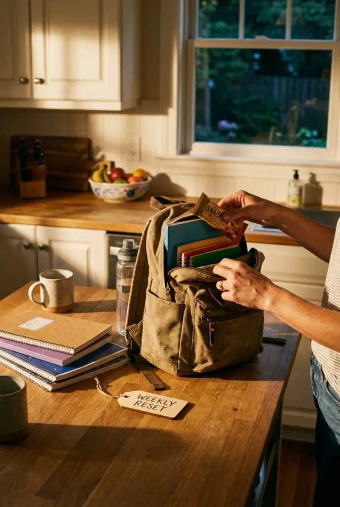 Weekly backpack reset emptying and restocking a school bag on Sunday evening