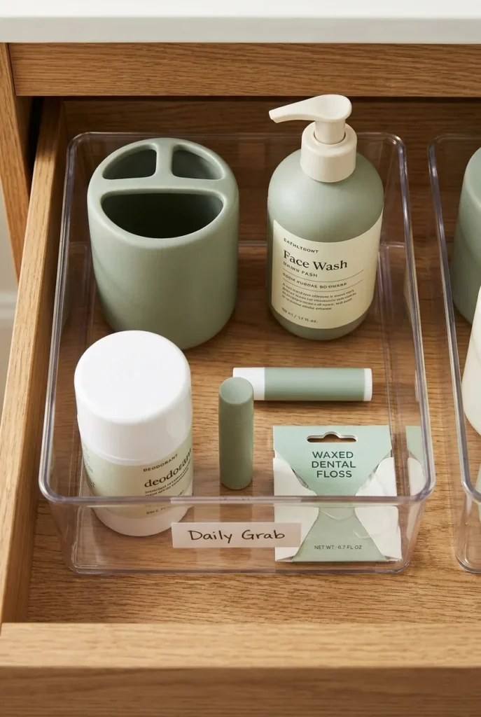 Zone 1 toiletry organization ideas for bathroom vanity drawer, daily grab items in a labeled clear acrylic bin