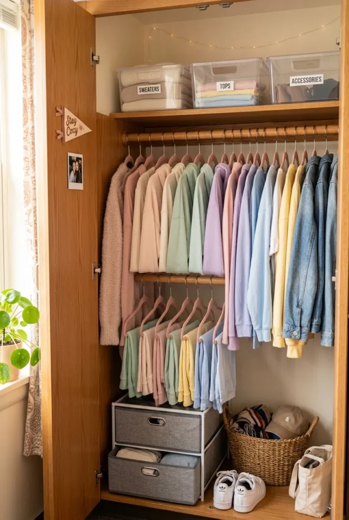 The 3-Layer Closet Rule for dorm closet organization with double-hang rod and floor drawers