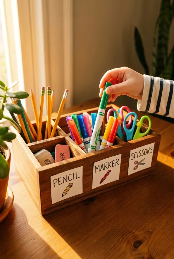Four zone homework caddy method with picture labels for young kids