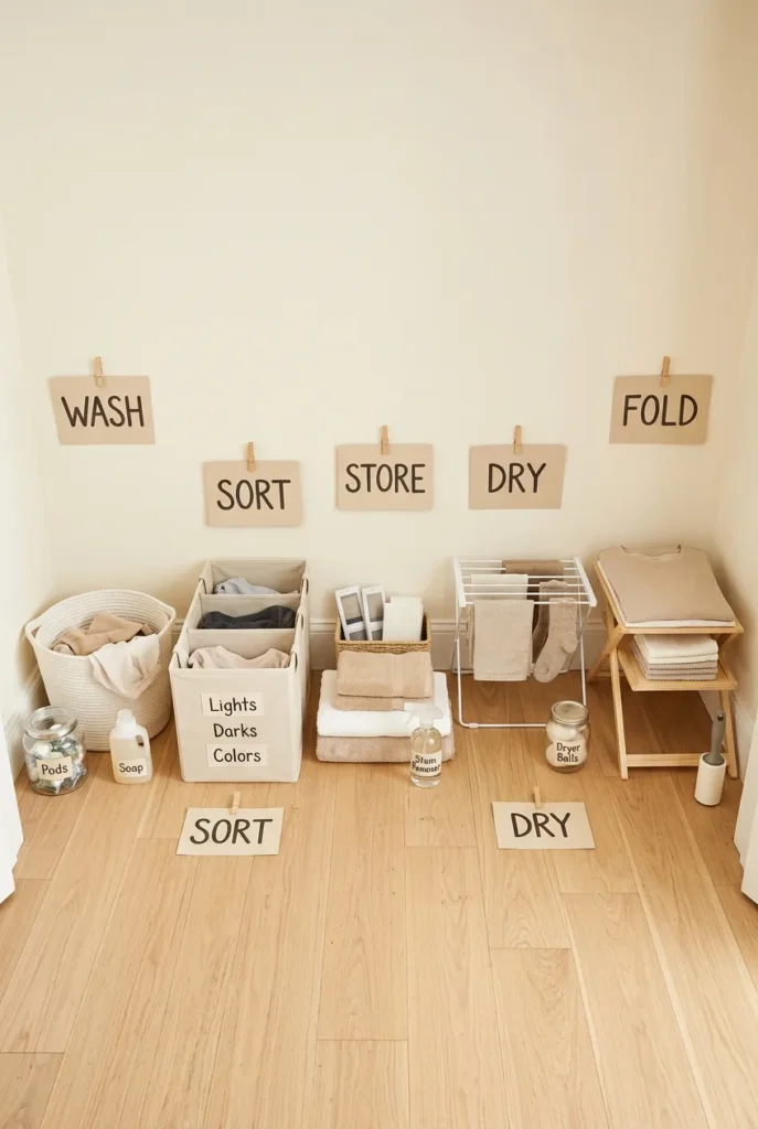 Five-zone small laundry room organization system labeled wash dry fold store sort