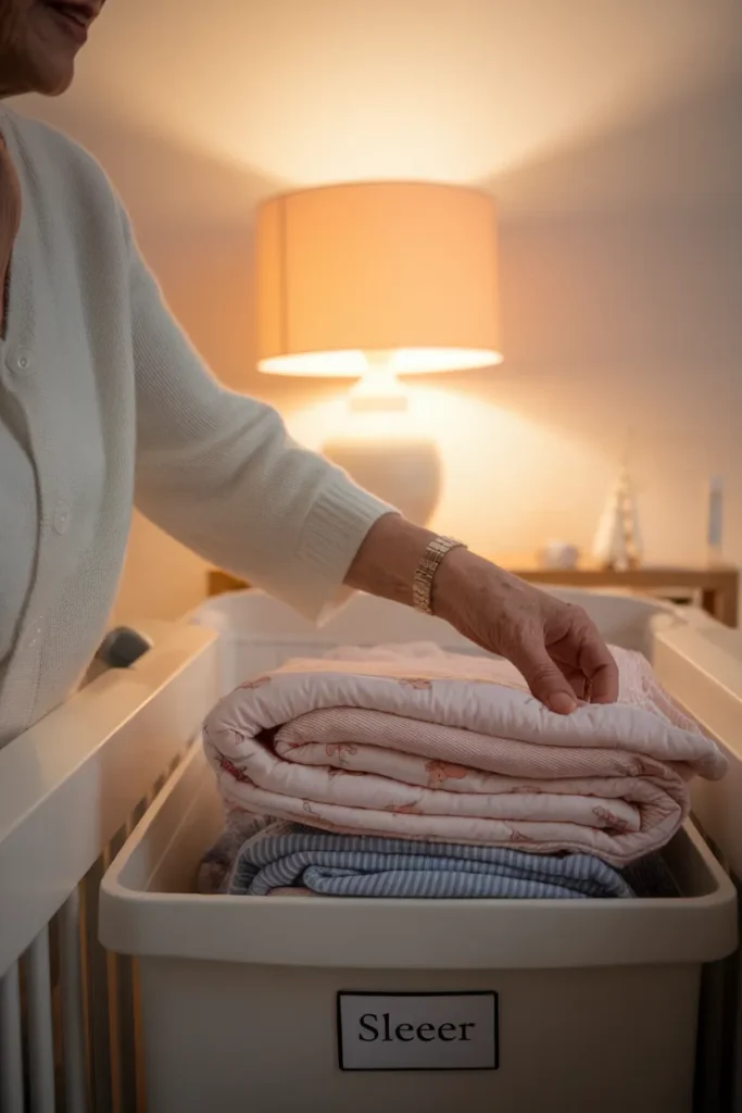 A caregiver finding baby clothes easily in a labeled nursery closet