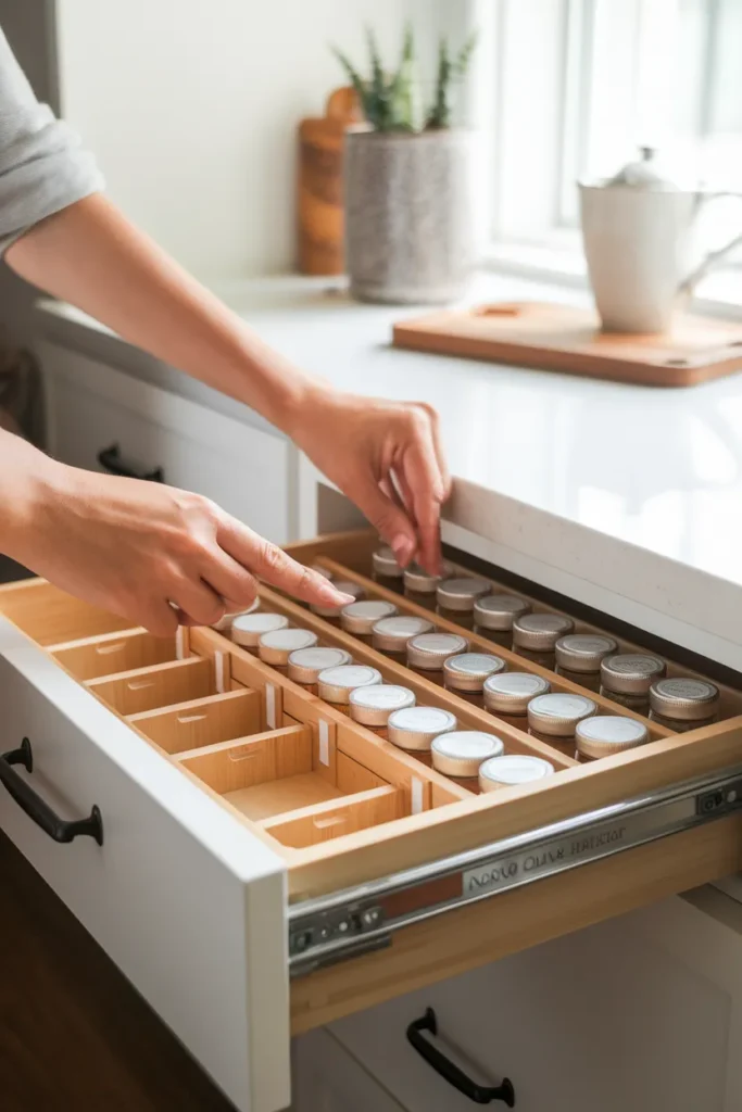 Adjusting an expandable bamboo spice drawer insert during setup